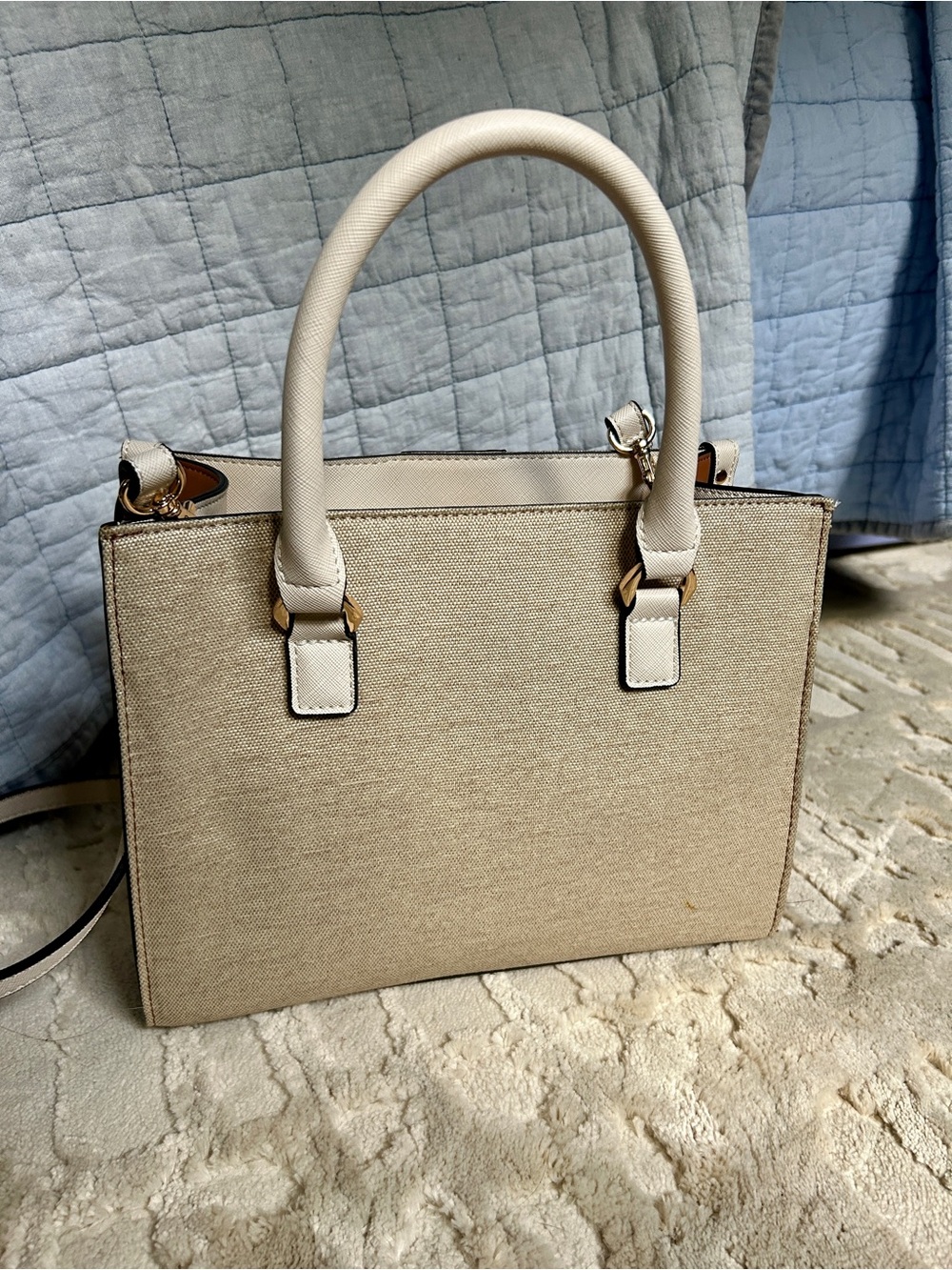 Aldo Beige Canvas & White Trim Satchel with Brown and Pink Accents - Picture 4 of 5